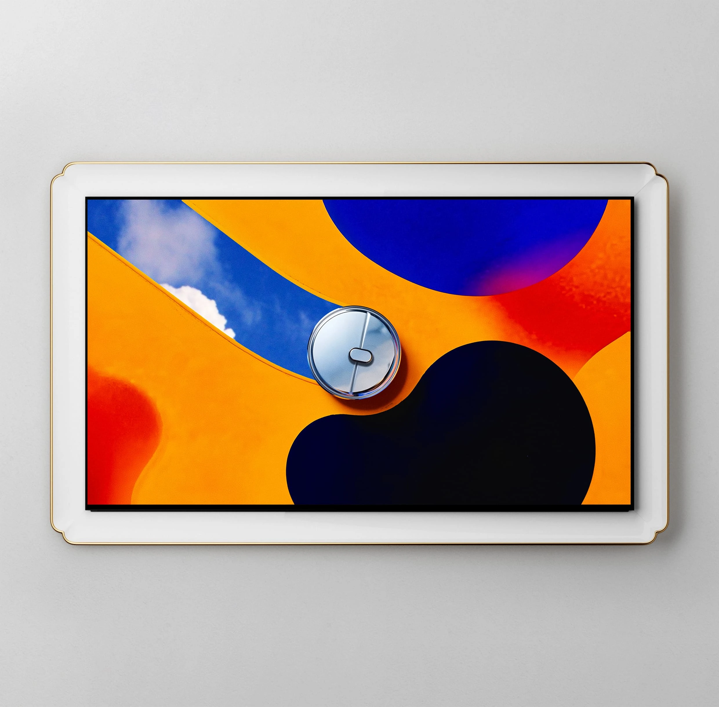 Inside a white frame, the Bespoke AI Steam Ultra robot vacuum appears as a silver circular form at the center of the screen. Large blue and black circles and curves overlap against an orange background.