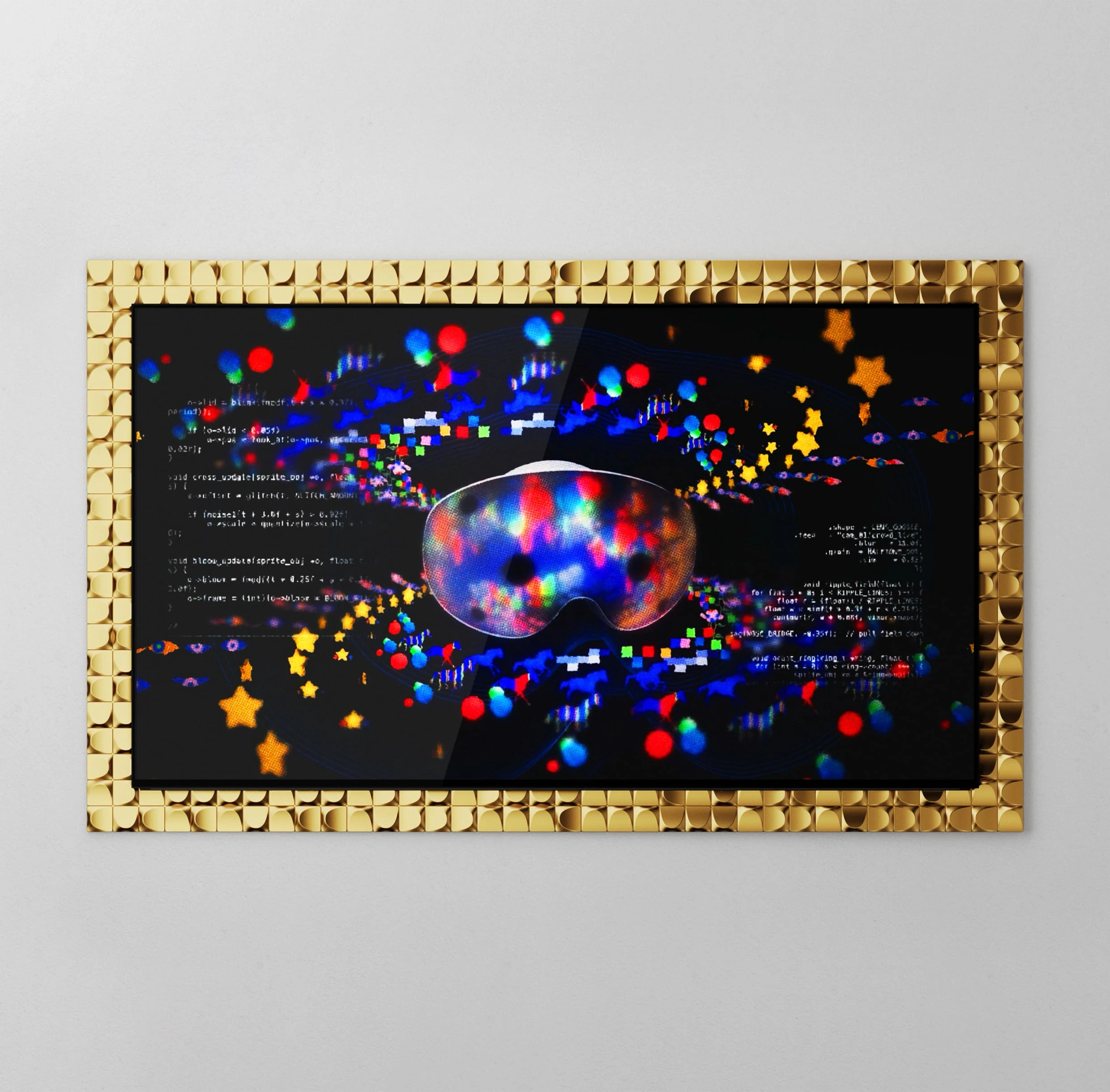 Inside a frame of repeating gold square tiles, a Galaxy XR is centered. Against the black background, stars, colorful dots, small horses, shapes, and white text circle around the Galaxy XR.