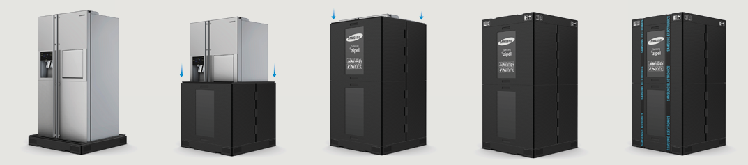 5 steps to pack the refrigerator with Samsung’s sustainable packaging. Step pictures are in order from left to right.