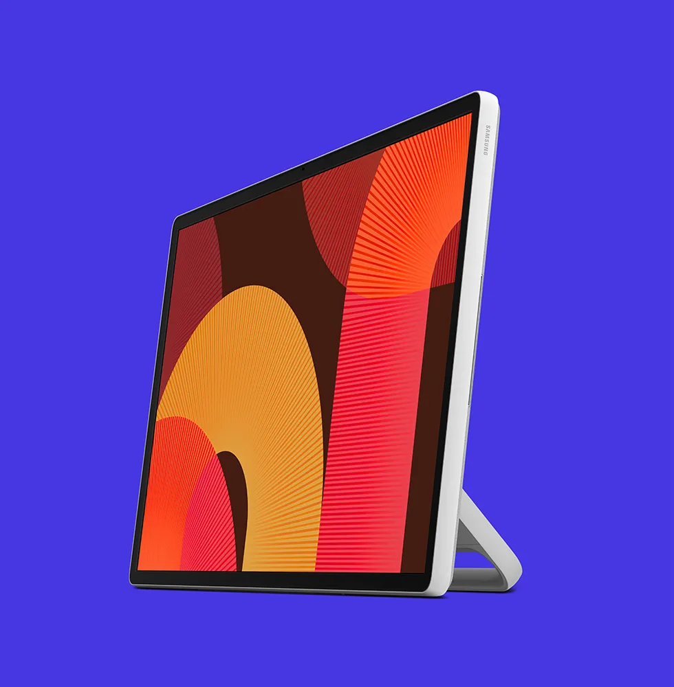 Samsung display The Moving Style angled front view on a blue background, featuring orange and red graphic patterns.