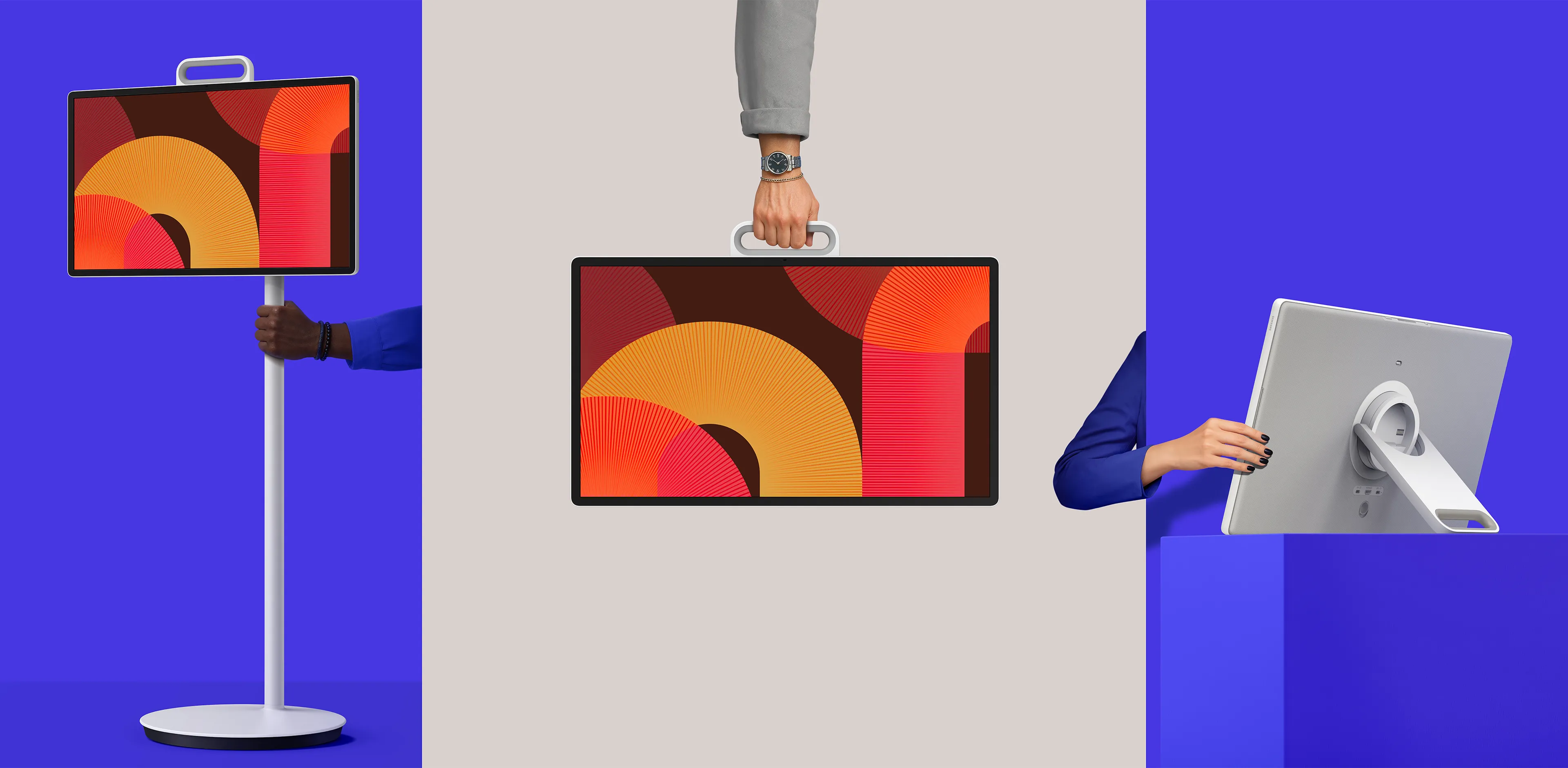 Three scenes of Samsung display The Moving Style in use: left on a stand mount, center carried by the handle, and right showing the rear hinge. The screens feature orange and red patterns.