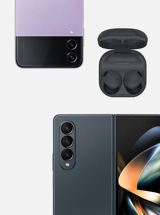 This is the image of Galaxy Z Fold 4, Galaxy Buds 2, Galaxy Z Flip 4 and package.