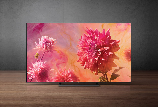 This is a product image of the QLED TV with an onscreen image featured on the screen.