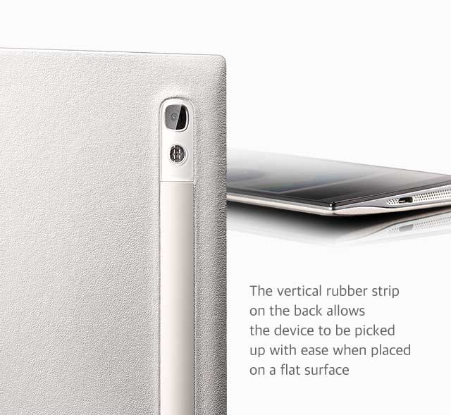 The vertical rubber strip on the back allows the device to be picked up with ease when placed on a flat surface