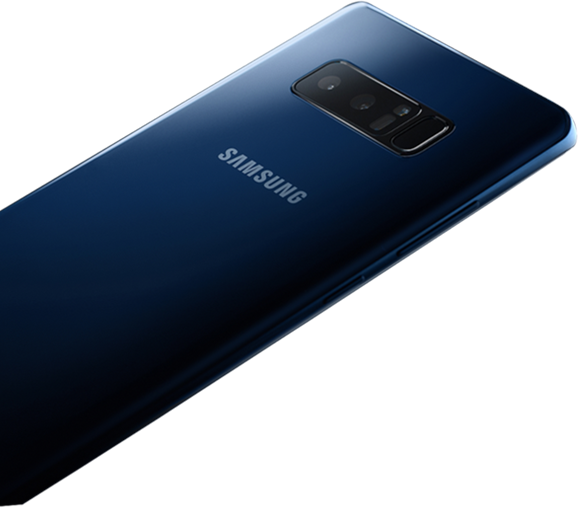 An image shows the back of a blue Samsung Galaxy Note 8.
