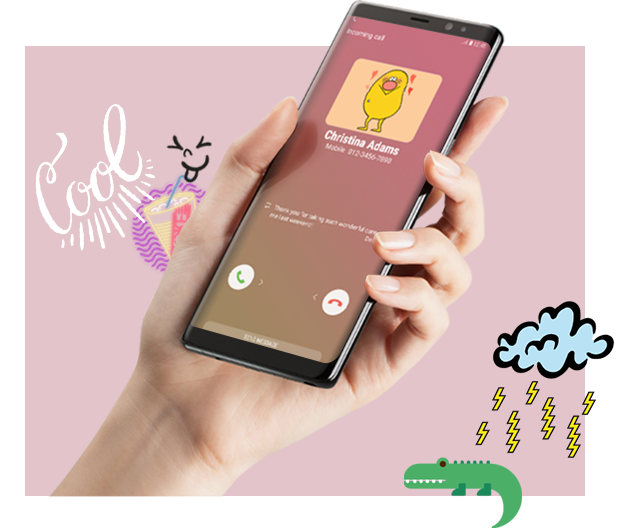 An image shows someone holding Galaxy Note 8, surrounded by various stickers and drawings.