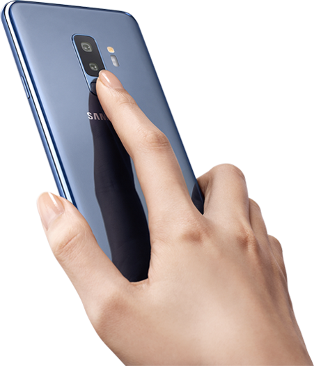 A finger is placed on a blue fingerprint sensor located on the back side of the product.