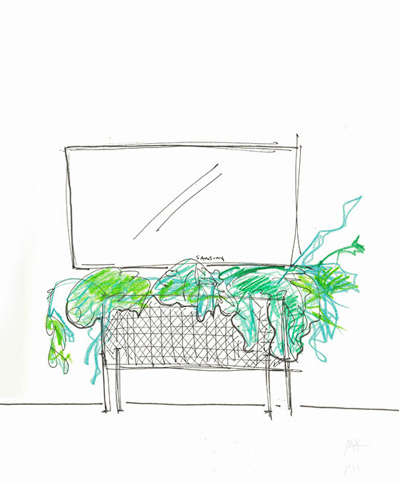 An image shows the sketch of <PlantLife> work which was selected as the finalist in the competition contest of Samsung Electronics QLED TV stand.
