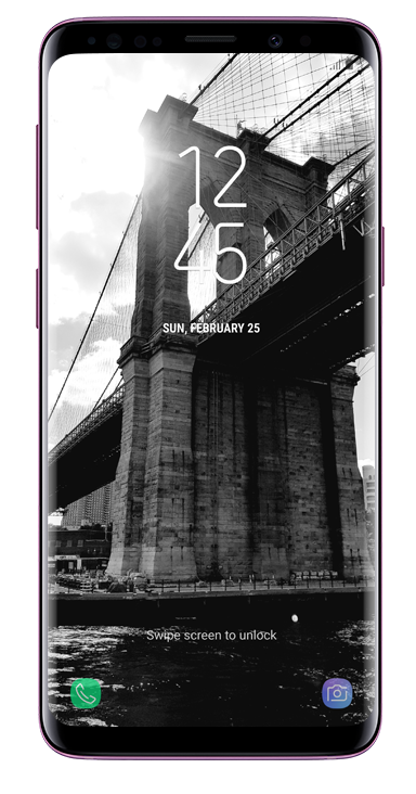 A lock screen image that has been applied with five versions of Adaptive color is on the Galaxy S9’s screen.