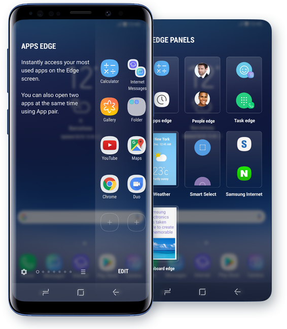 Two Galaxy S9 products appear in order, followed by the side view of two screens that each show the Edge function.