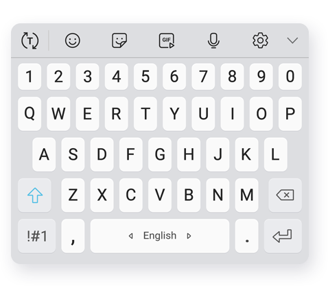 A screen that shows the Samsung Keyboard comes up, and five different versions of the keyboard can be seen by pressing the buttons on the left and right sides of the device.