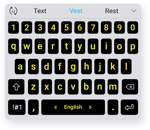 A screen that shows the Samsung Keyboard comes up, and five different versions of the keyboard can be seen by pressing the buttons on the left and right sides of the device.