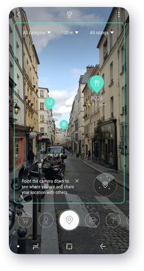 A screen in which the Bixby Vision is used for searching map information.