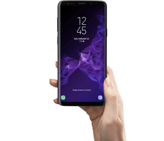 A hand appears holding the Galaxy S9.