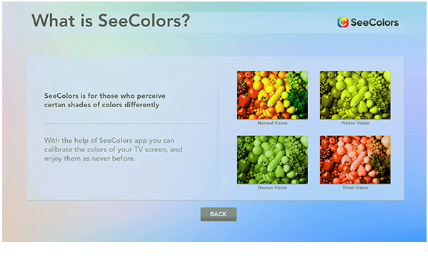 Screen of Seecolors app on a smart TV.