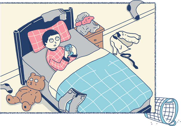 This is a drawing of staring at a smartphone in the bed.