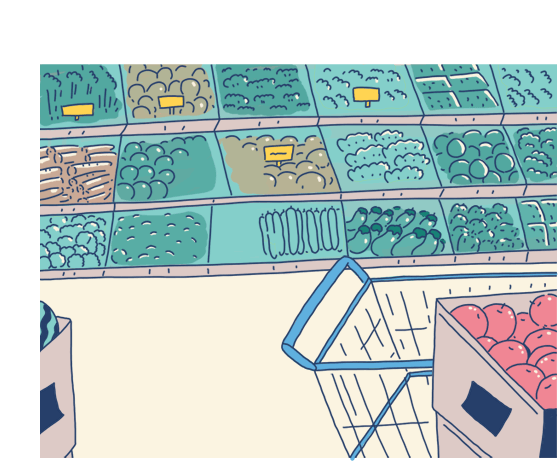This is a drawing of getting groceries at the super market.