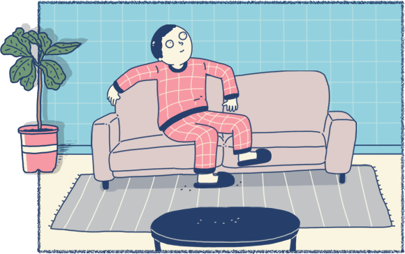 This is a drawing of relaxing with a cat in the living room.