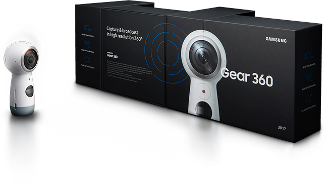 An image shows packages for Samsung Gear 360 connected to one another to make a complete image of Gear 360.