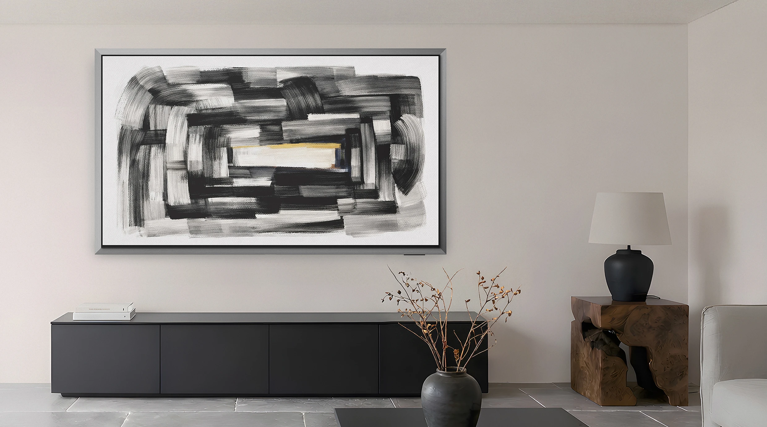 A design in which the rear metal plate makes a bold statement from every angle, allowing the TV to be perceived as an art frame within the space.