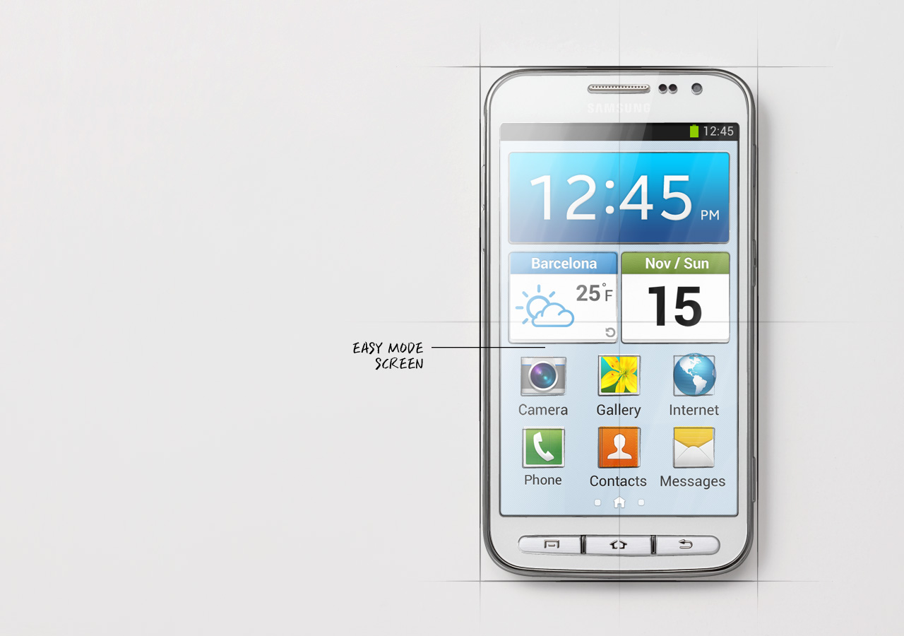 Galaxy Core Advance의 스크린에 Easy Mode UI가 떠있습니다.