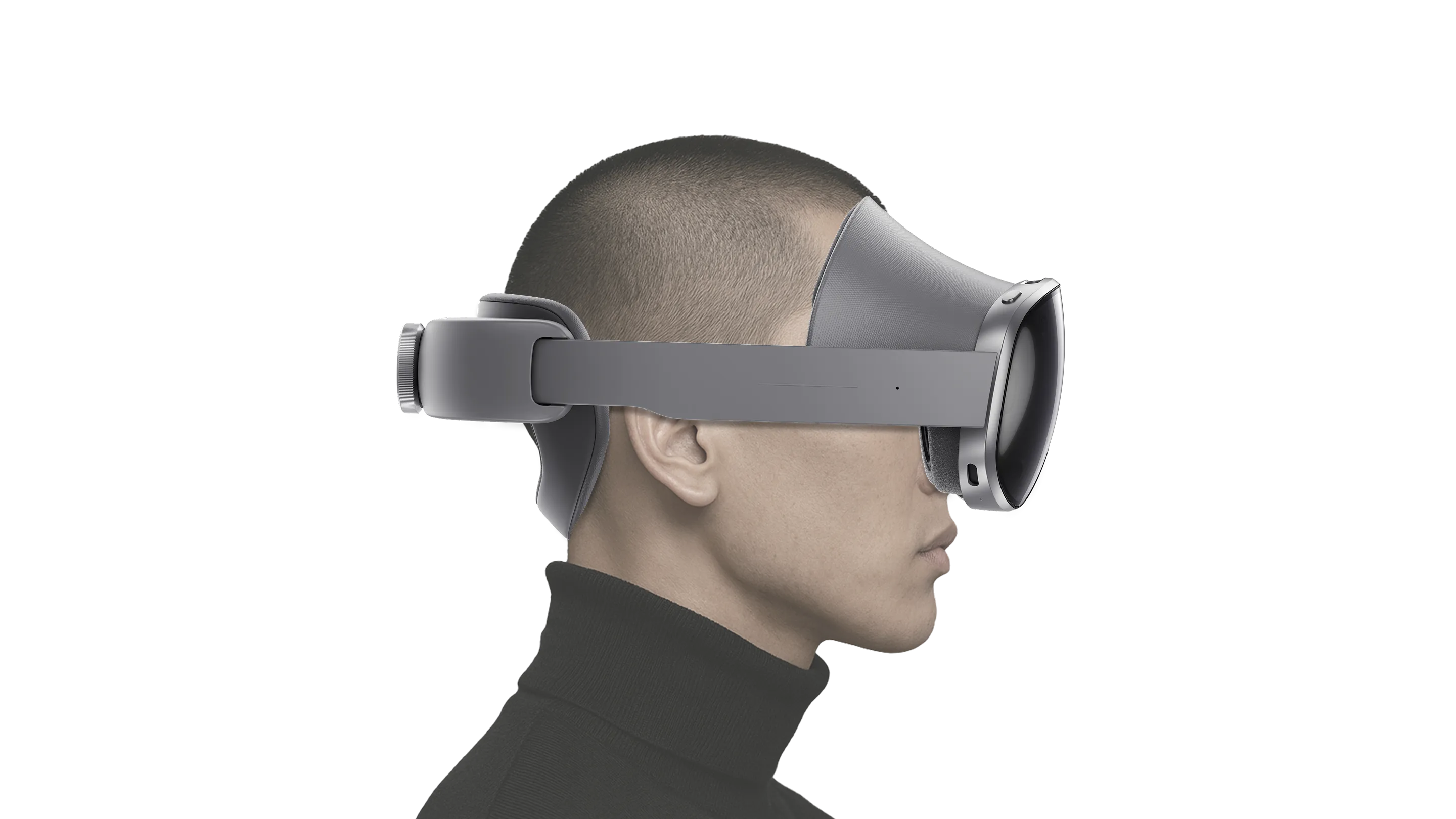 메시 라인으로 표현된 인물이 짧은 머리의 남성으로 변하는 삼성 갤럭시 XR 연출 이미지.