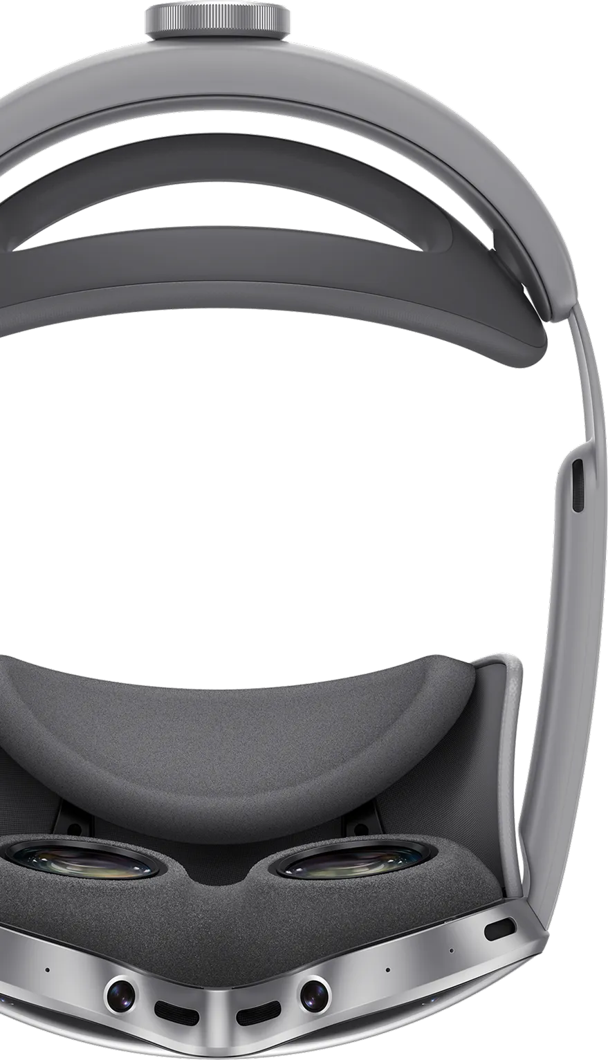 삼성 XR 헤드셋의 탑뷰 이미지. 안경 부분이 아래쪽을 향해 놓여 있고, 상단에는 머리 지지대가 위치한다. 눈가와 뒷머리 쿠션 부위에는 메쉬 소재가 표현되어 있다.