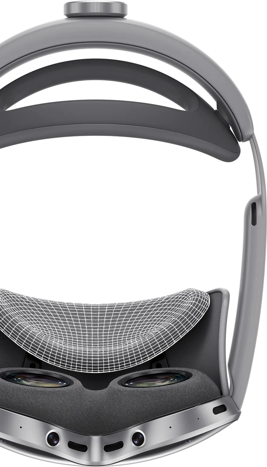 삼성 XR 헤드셋의 탑뷰 이미지. 안경 부분이 아래쪽을 향해 놓여 있고, 상단에는 머리 지지대가 위치한다. 눈가와 뒷머리 쿠션 부위에는 메쉬 소재가 표현되어 있다.