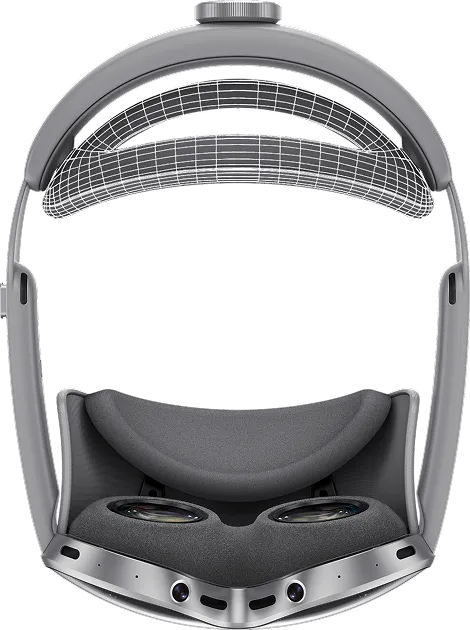 삼성 XR 헤드셋의 탑뷰 이미지. 안경 부분이 아래쪽을 향해 놓여 있고, 상단에는 머리 지지대가 위치한다. 눈가와 뒷머리 쿠션 부위에는 메쉬 소재가 표현되어 있다.