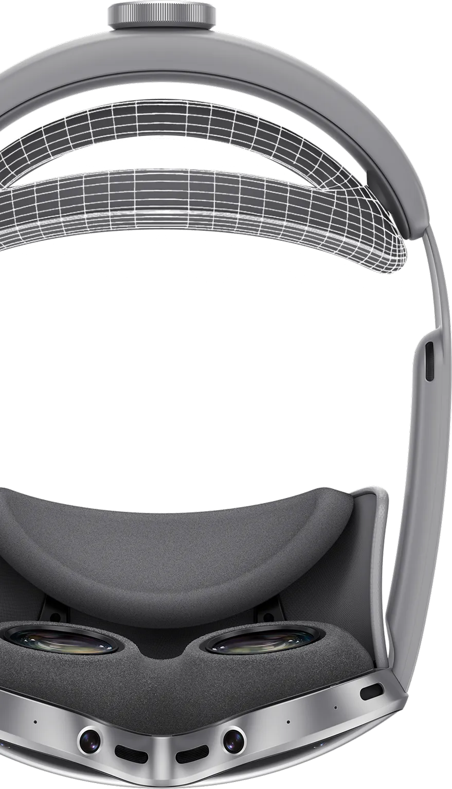 삼성 XR 헤드셋의 탑뷰 이미지. 안경 부분이 아래쪽을 향해 놓여 있고, 상단에는 머리 지지대가 위치한다. 눈가와 뒷머리 쿠션 부위에는 메쉬 소재가 표현되어 있다.