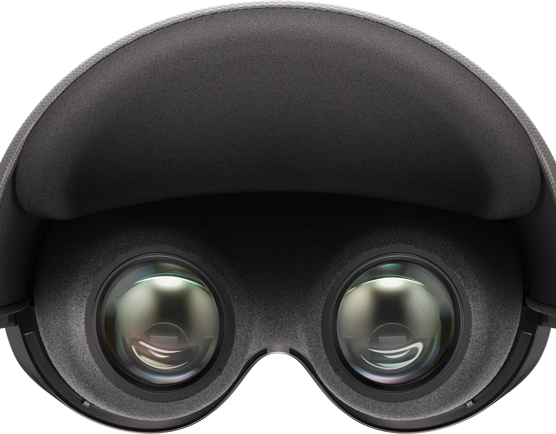 삼성 XR 헤드셋 내부 디자인 이미지. 좌우 렌즈가 있는 안경형 구조로, 얼굴이 닿는 눈·코·이마 부분에 회색 쿠션이 덧대어 있다.