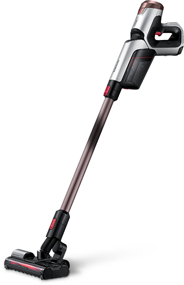 POWERGun 청소기 두 대가 교차하여 세워져 있습니다.