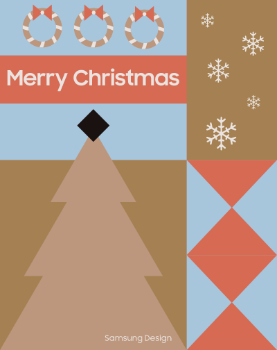 마지막 카드입니다. 크리스마스 트리와 화환 그리고 눈송이가 장식되어 있는 메리 크리스마스 그림 카드입니다.