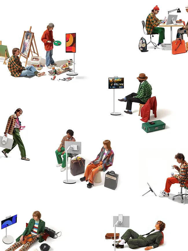 다양한 상황에서 삼성 디스플레이 더 무빙스타일 제품을 활용하는 사람들. 그림을 그리고 음악을 듣거나, 회의·작업·게임 등 여러 활동 속에서 스탠드형·거치형 디스플레이가 사용된다.