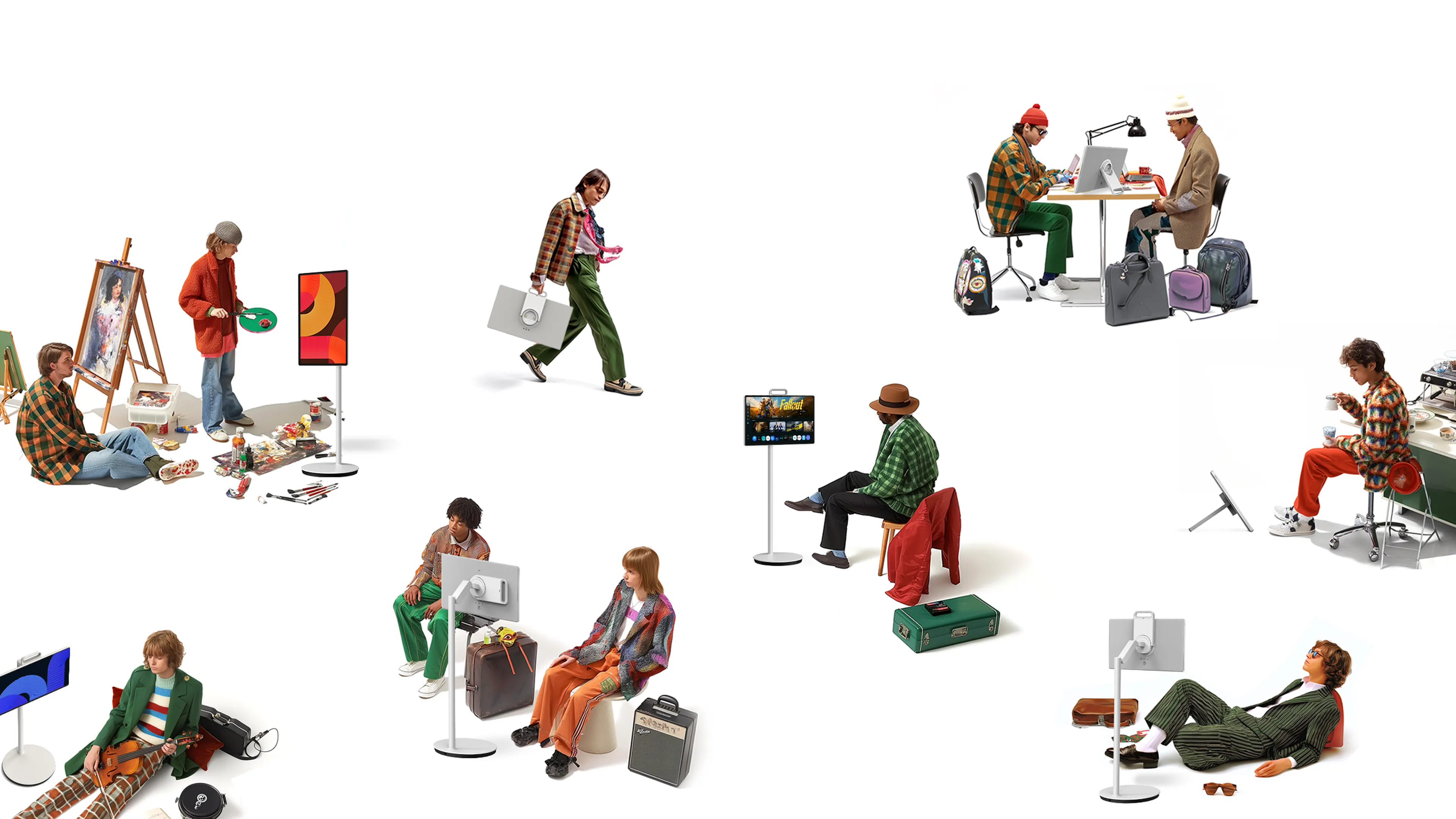 다양한 상황에서 삼성 디스플레이 더 무빙스타일 제품을 활용하는 사람들. 그림을 그리고 음악을 듣거나, 회의·작업·게임 등 여러 활동 속에서 스탠드형·거치형 디스플레이가 사용된다.