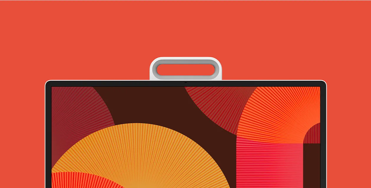 빨강 배경 위 손잡이가 있는 삼성 디스플레이 더 무빙스타일 전면 화면, 주황과 빨강 그래픽 패턴이 보인다. 영문