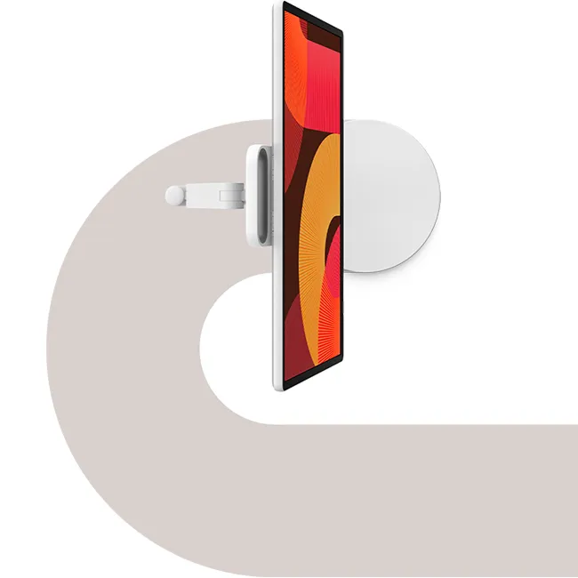 위에서 내려다본 삼성 디스플레이 더 무빙스타일. 손잡이와 각도 조절 힌지, 바닥의 둥근 받침대가 보이며 곡선 그래픽 바닥 디자인이 함께 표현되어 있다.