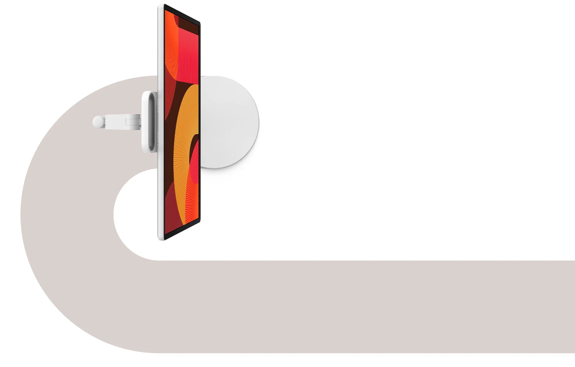 위에서 내려다본 삼성 디스플레이 더 무빙스타일. 손잡이와 각도 조절 힌지, 바닥의 둥근 받침대가 보이며 곡선 그래픽 바닥 디자인이 함께 표현되어 있다.