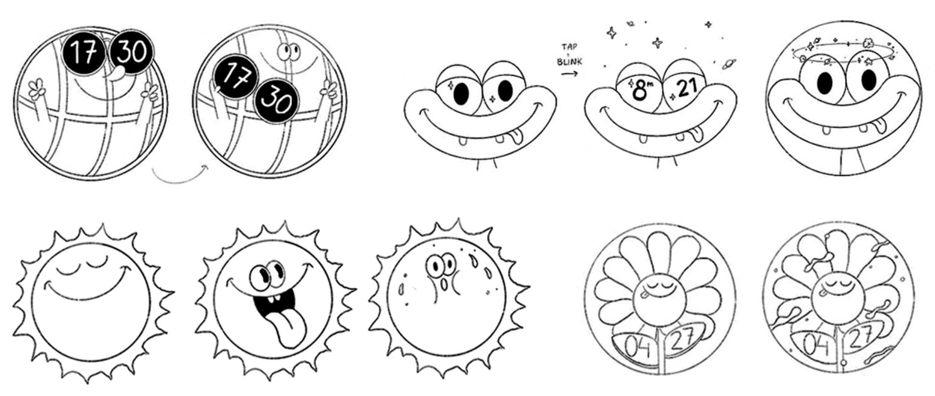 워치 페이스의  「Funny Faces」 의 초안 디자인 스케치 4개의 이미지 입니다.