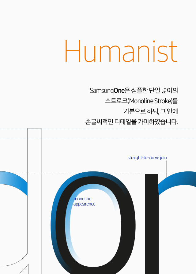 Humanist SamsungOne은 심플한 단일 넓이의 스트로크(Monoline Stroke)를 기본으로 하되, 그 안에 손글씨적인 디테일을 가미하였습니다.