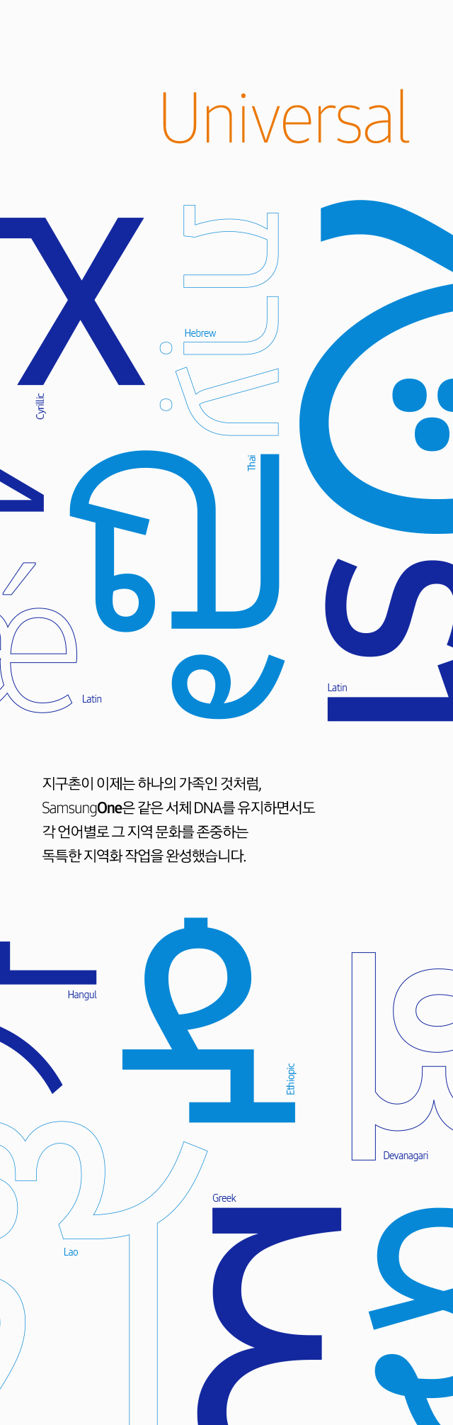 Universal 지구촌이 이제는 하나의 가족인 것처럼, SamsungOne은 같은 서체 DNA를 유지하면서도 각 언어별로 그 지역 문화를 존중하는 독특한 지역화 작업을 완성했습니다.