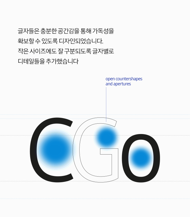 글자들은 충분한 공간감을 통해 가독성을 확보할 수 있도록 디자인되었습니다. 작은 사이즈에도 잘 구분되도록 글자별로 디테일들을 추가했습니다.